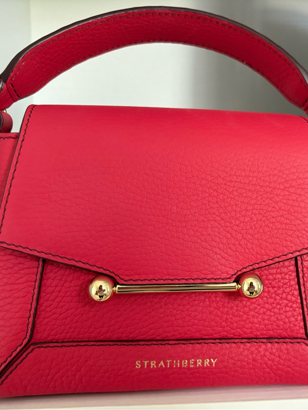 Strathberry Raspberry Nano with Burgundy Stitching New